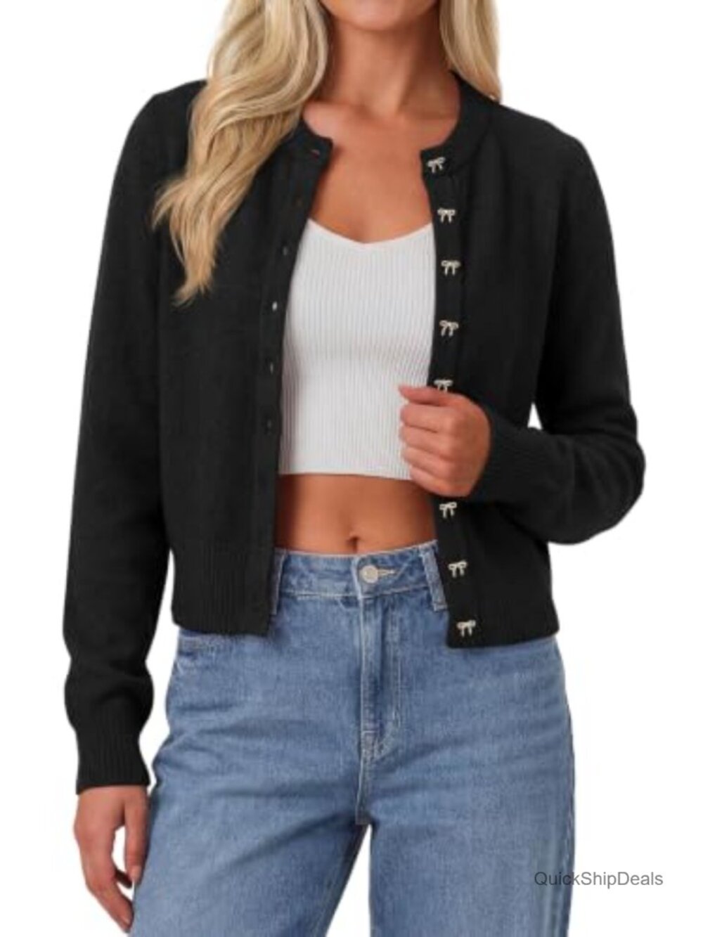Cropped Knit Cardigan Sweater with Bow Buttons Long Sleeve Lightweight